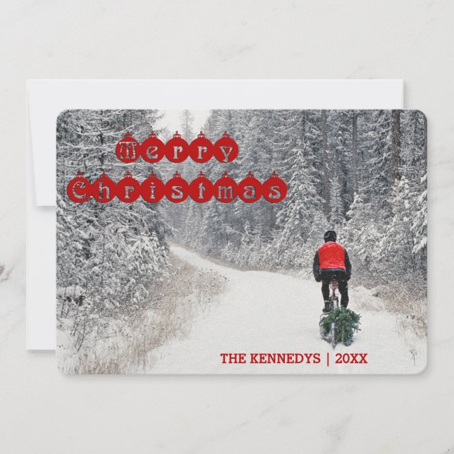Merry Christmas - Biker Bringing Home the Tree Holiday Card (Front)