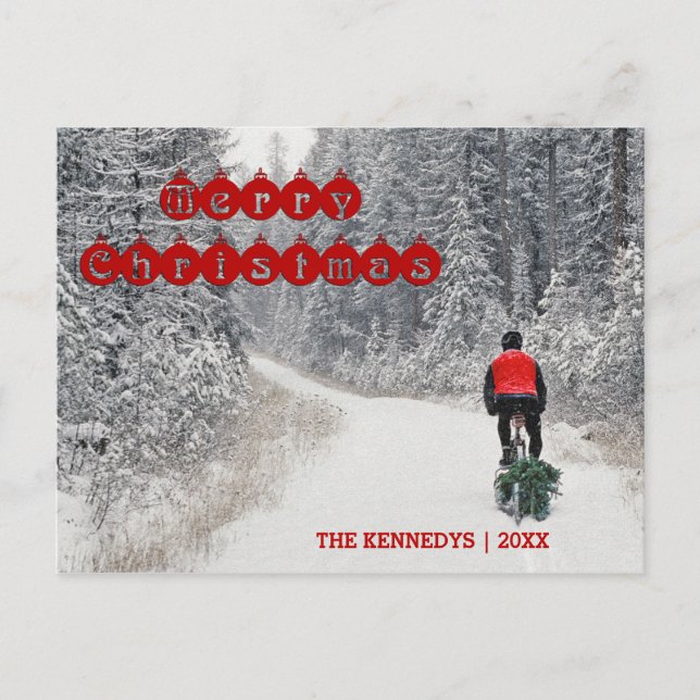 Merry Christmas - Biker Bringing Home the Tree Holiday Postcard (Front)