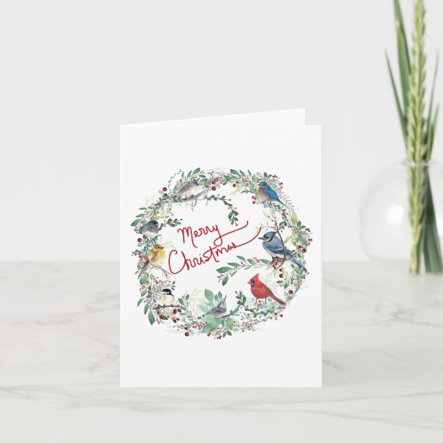 Merry Christmas Bird And Wreath Holiday Card (Front)