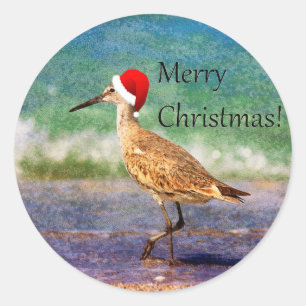 Merry Christmas Bird in Santa Hat on Beach Sticker