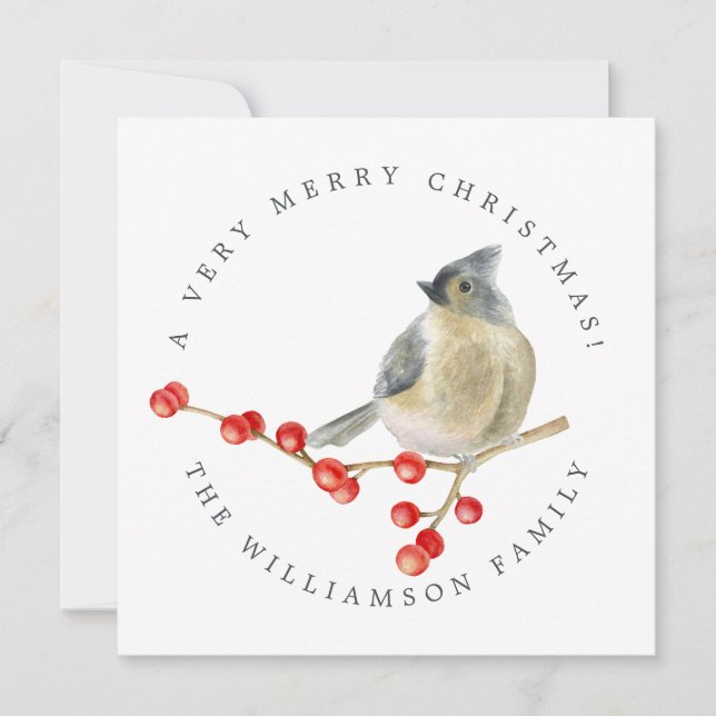 Merry Christmas Bird on Berries Sprig Holiday Card (Front)