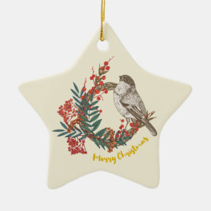 Merry Christmas Bird Wreath Ceramic Tree Decoration