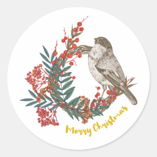 Merry Christmas Bird Wreath Classic Round Sticker