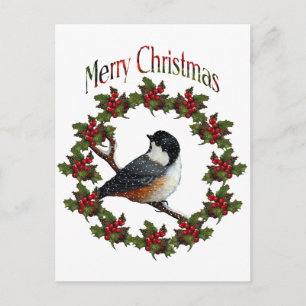 Merry Christmas: Bird, Wreath, Original Art Holiday Postcard
