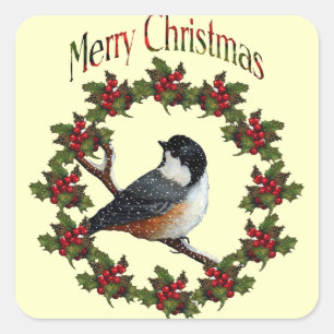 Merry Christmas: Bird, Wreath, Original Art Square Sticker