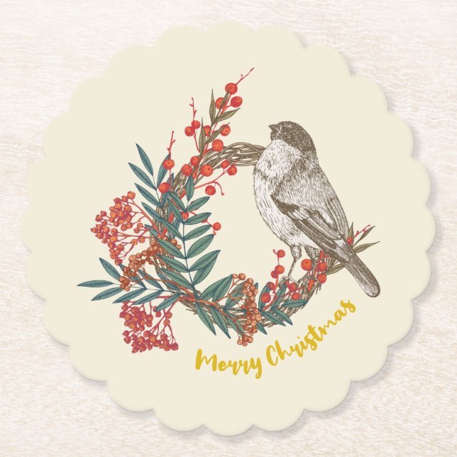 Merry Christmas Bird Wreath Paper Coaster (Front)