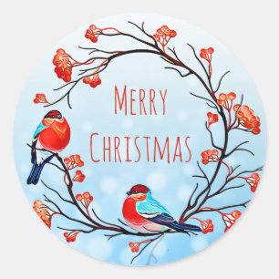 Merry Christmas Birds on a Berry Branch Classic Round Sticker