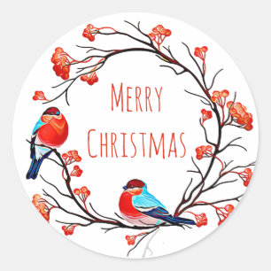 Merry Christmas Birds on a Berry Branch Classic Round Sticker
