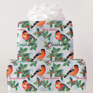 Merry Christmas Birds with Holly and Snow Add Name Wrapping Paper
