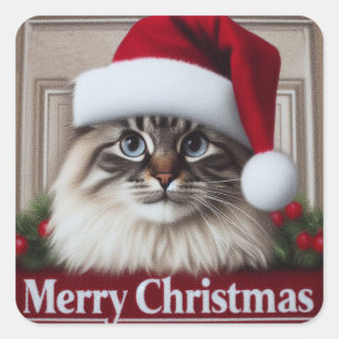 Merry Christmas Birman Cat, Xmas Santa Birman Cat Square Sticker