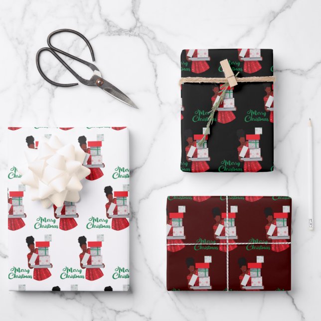 Merry Christmas Black African American Woman Gifts Wrapping Paper Sheet (Front)