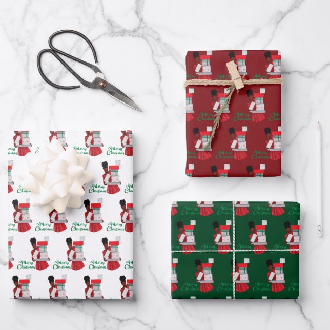 Merry Christmas Black African American Woman Gifts Wrapping Paper Sheet (Front)