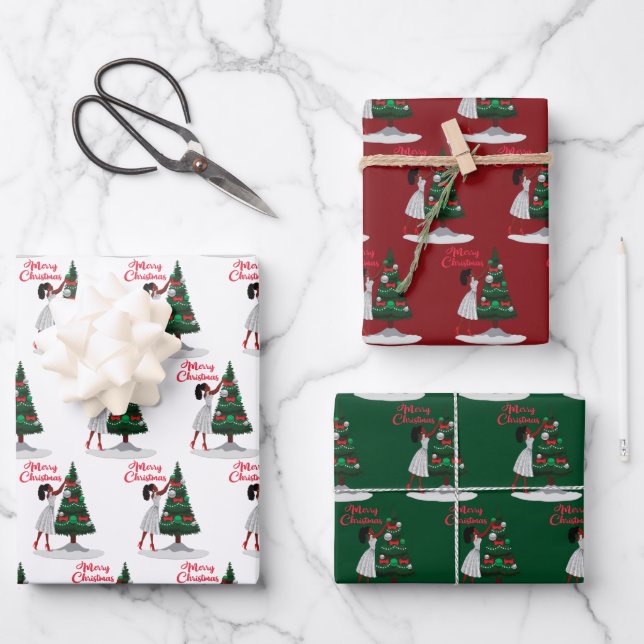 Merry Christmas Black African American Woman Wrapping Paper Sheet (Front)
