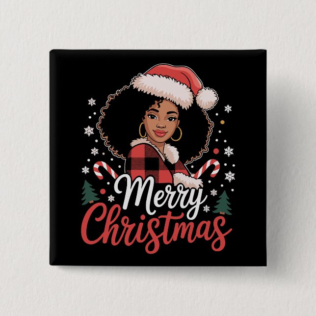 Merry Christmas Black African Girl Santa Hat Xmas  15 Cm Square Badge (Front)