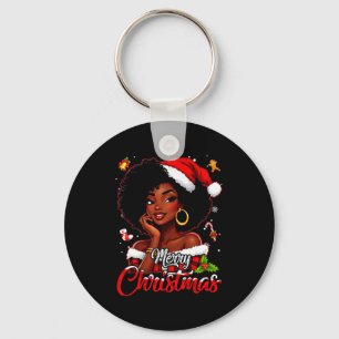 Merry Christmas Black African Girl Santa Hat Xmas  Key Ring