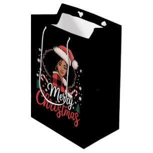 Merry Christmas Black African Girl Santa Hat Xmas  Medium Gift Bag