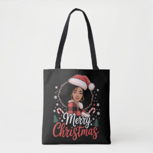 Merry Christmas Black African Girl Santa Hat Xmas  Tote Bag