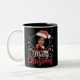 Merry Christmas Black African Girl Santa Hat Xmas Two-Tone Coffee Mug