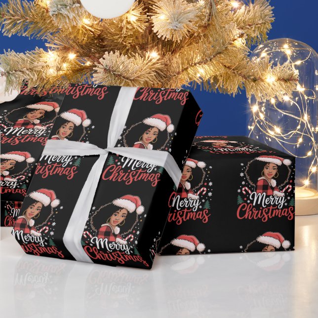 Merry Christmas Black African Girl Santa Hat Xmas  Wrapping Paper (Holidays)
