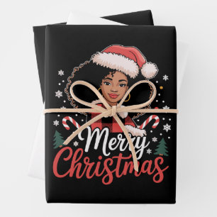 Merry Christmas Black African Girl Santa Hat Xmas  Wrapping Paper Sheet
