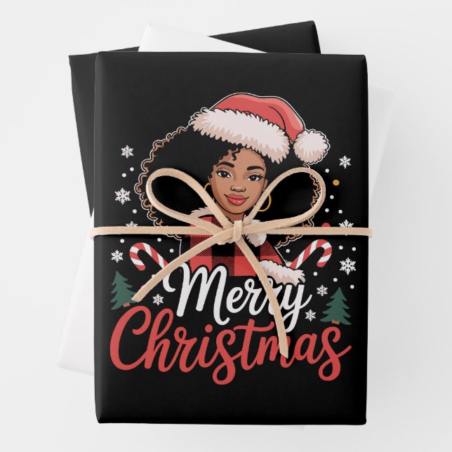 Merry Christmas Black African Girl Santa Hat Xmas  Wrapping Paper Sheet (In situ)