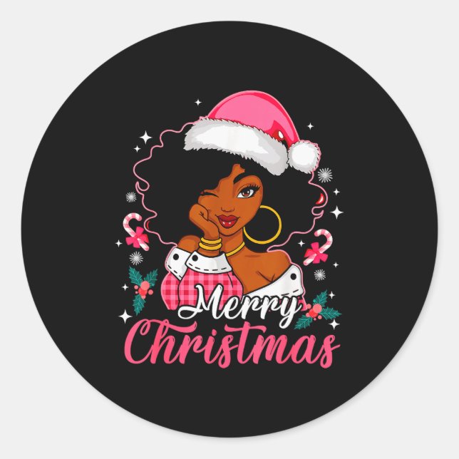 Merry Christmas Black Afro African American Girl S Classic Round Sticker (Front)