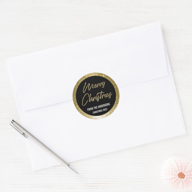 Merry Christmas Black and Gold Classic Round Sticker (Envelope)