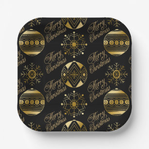 Merry Christmas Black And Gold Decorative Paper Plate