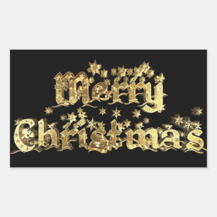 Merry Christmas Black and Gold Elegant Stars Text Rectangular Sticker