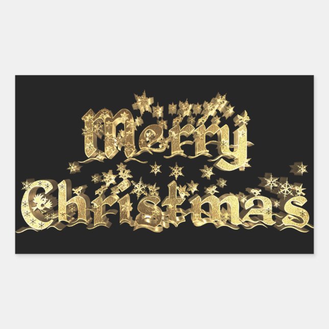 Merry Christmas Black and Gold Elegant Stars Text Rectangular Sticker (Front)