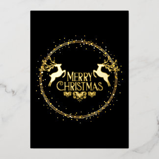 Merry Christmas Black and Gold Glitter Deer Stags Foil Holiday Card