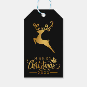 Merry Christmas Black and Gold Glitter Reindeer Gift Tags
