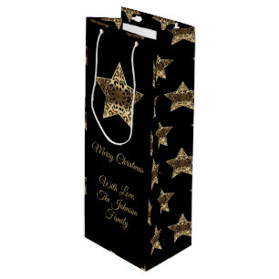 Merry Christmas Black and Gold Look Stars Pattern Wine Gift Bag