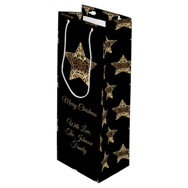 Merry Christmas Black and Gold Look Stars Pattern Wine Gift Bag (Front Angled)