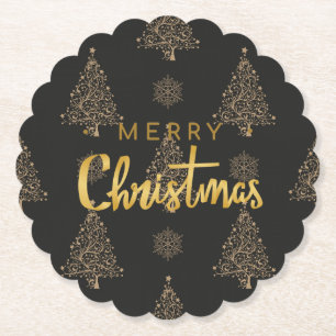 Merry Christmas, black and gold, Paper Coaster