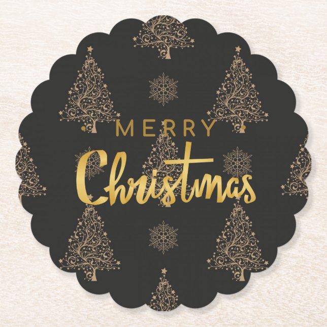 Merry Christmas, black and gold, Paper Coaster (Front)