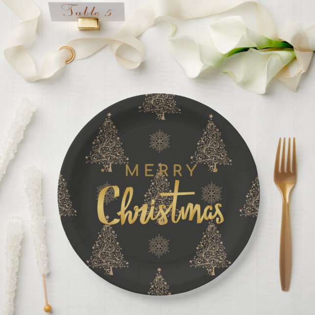 Merry Christmas, black and gold, Paper Plate (Wedding)