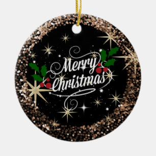 Merry Christmas Black and Gold Sparkly Glitter Ceramic Tree Decoration