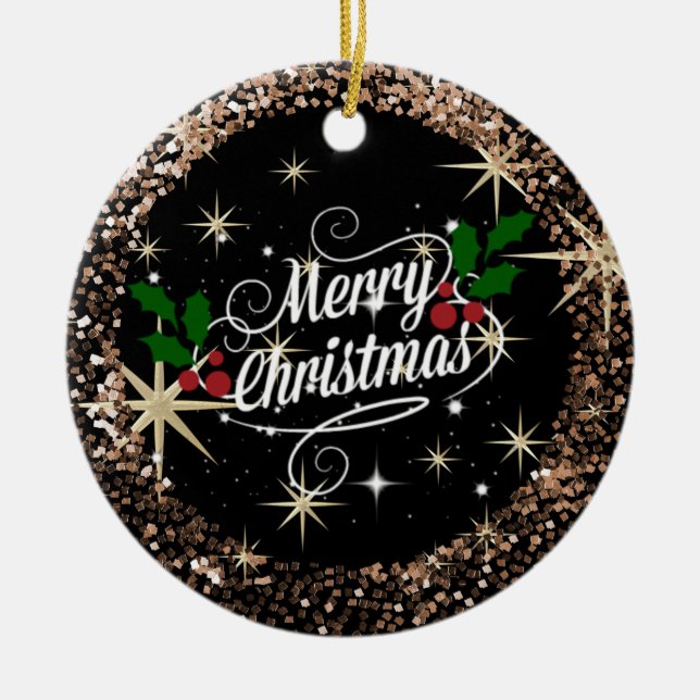 Merry Christmas Black and Gold Sparkly Glitter Ceramic Tree Decoration (Front)