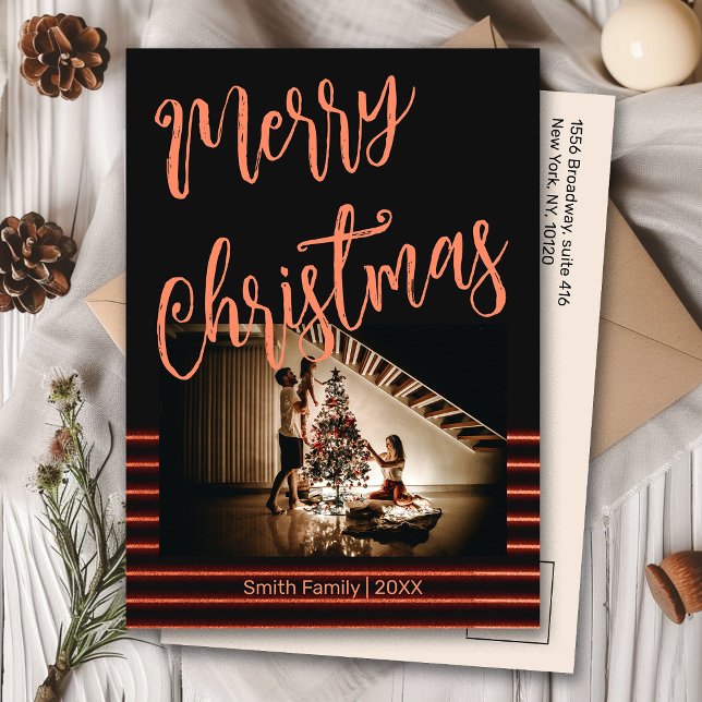 Merry Christmas Black and Red Gold Photo Postcard (Creator Uploaded)