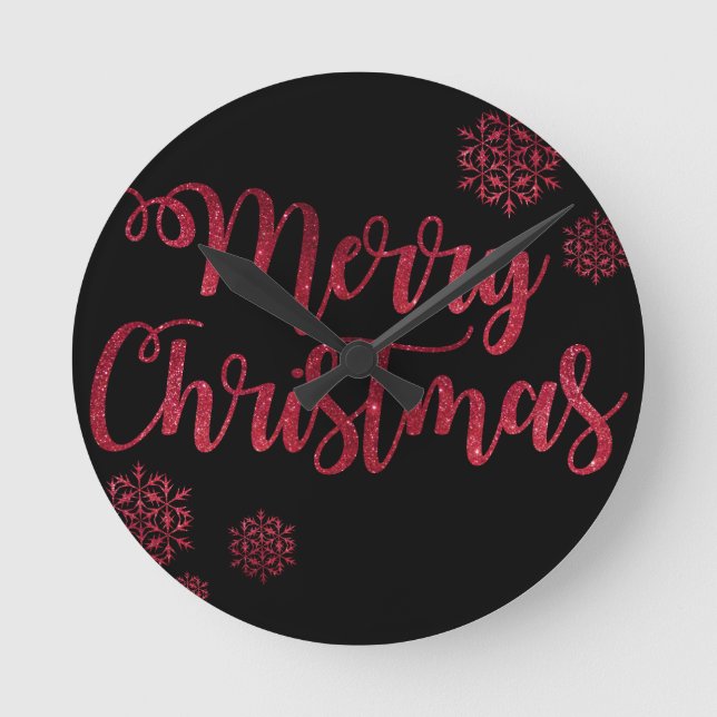 Merry Christmas Black and Red Snowflake Typography Round Clock (Front)