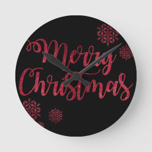 Merry Christmas Black and Red Snowflake Typography Round Clock