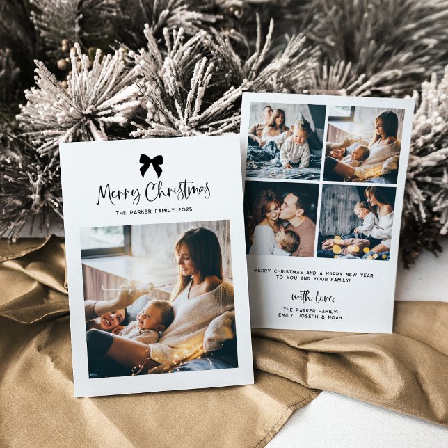Merry Christmas | Black and White Bow with Photo Holiday Card (Creator Uploaded)