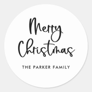 Merry Christmas Black and White Casual Script Classic Round Sticker