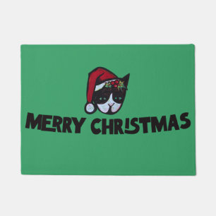 Merry Christmas Black and White Cat                Doormat