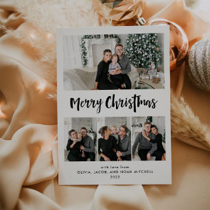 Merry Christmas   Black and White Multi Photo Grid Holiday Card