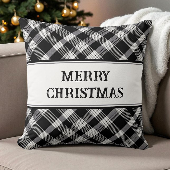 Merry Christmas Black and White Plaid Modern Xmas Cushion (Merry Christmas Black and White Plaid Modern Xmas Throw Pillow)