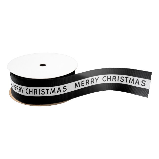 Merry Christmas Black And White Striped Holiday Grosgrain Ribbon (Spool)