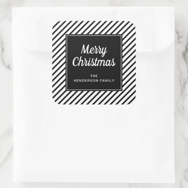 Merry Christmas Black And White Stripes Square Sticker (Bag)
