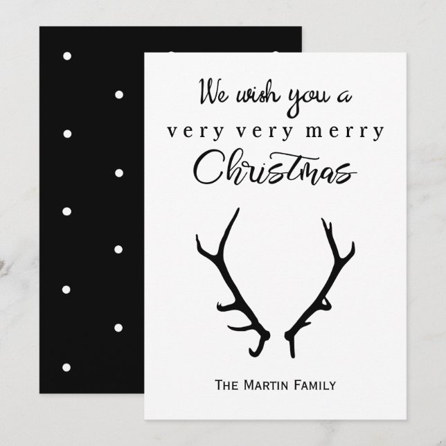 Merry Christmas Black and White with Antlers Holiday Card (Front/Back)